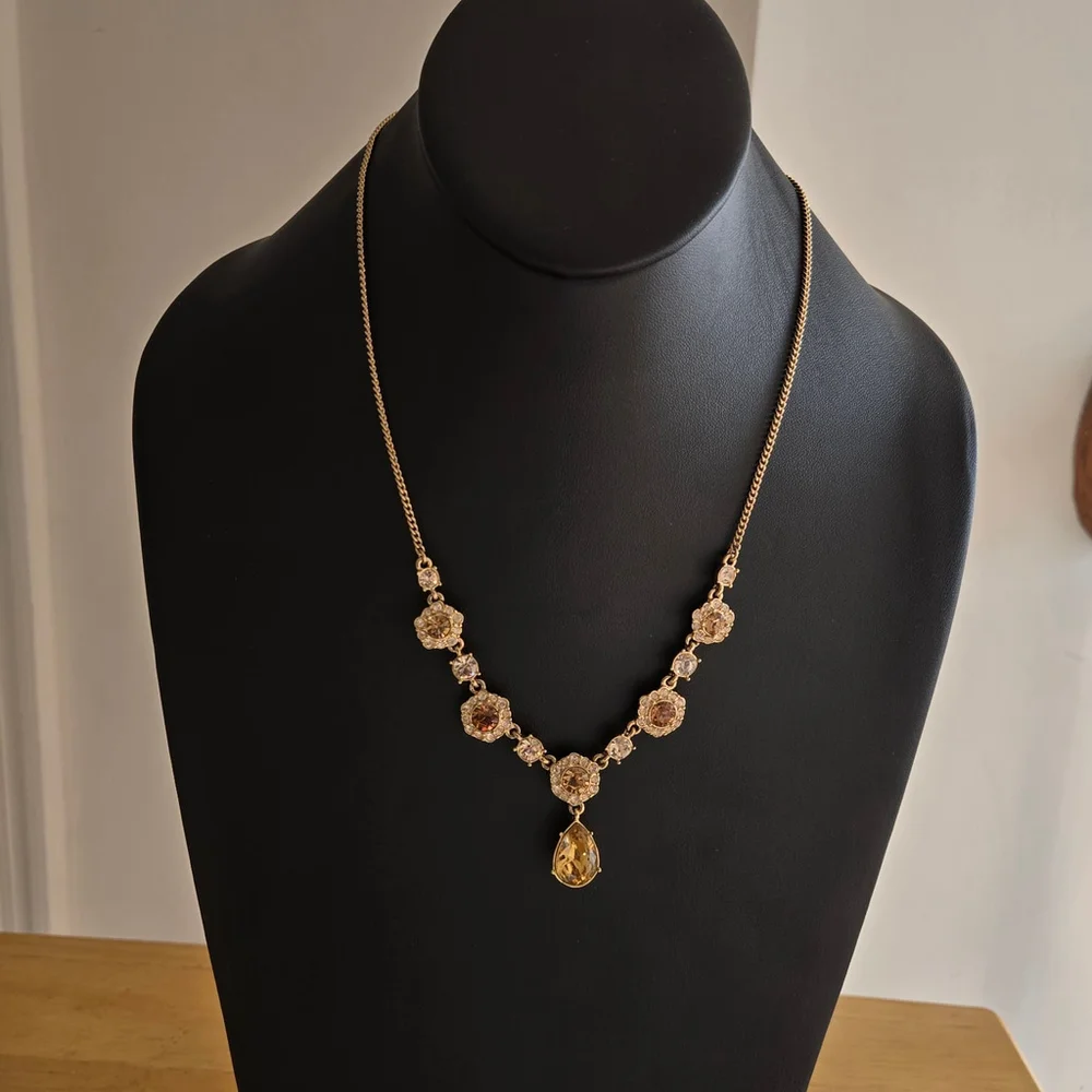 Givenchy Gold-Tone Crystal Amber Hue Tear Drop Signed Vintage Necklace